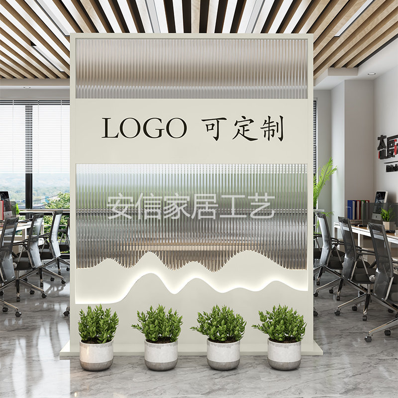 北欧铁艺屏风玻璃隔断靠墙办公室落地式形象装饰入户玄关移动前台
