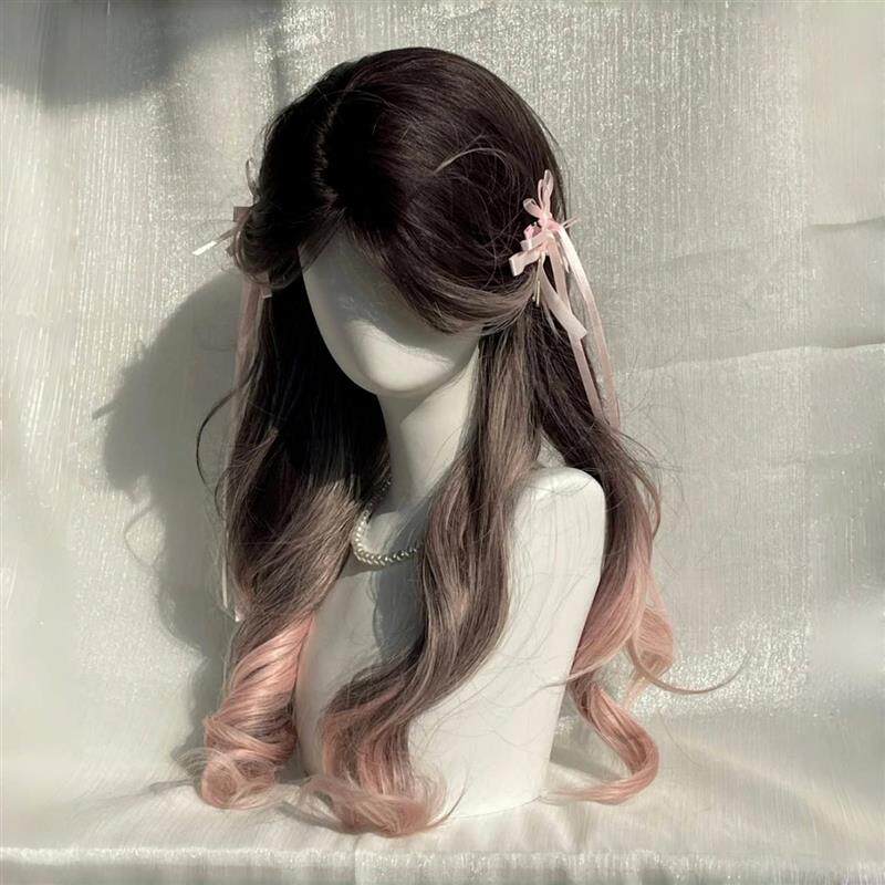 【椰椰生巧】假发女前额蕾丝粉色渐变长卷发中分挑染Lolita全头套