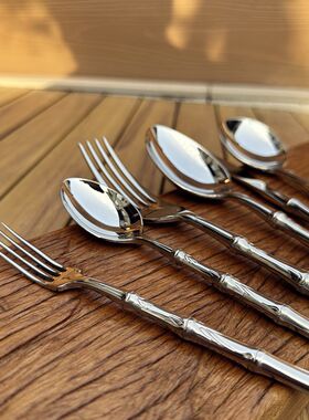 竹节高颜值牛排刀叉勺六件套法式轻奢西餐餐具套装不锈钢叉勺子