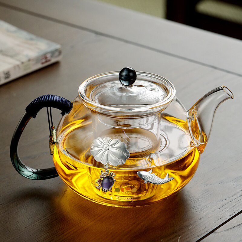 泡茶壶单壶玻璃茶壶小容量办公室花茶壶家用加厚煮茶壶纯手工镶银