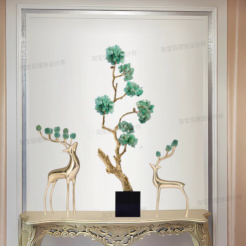 水晶发财树摆件玄关绿植仿真迎客松工艺品乔迁新居客厅电视柜装饰