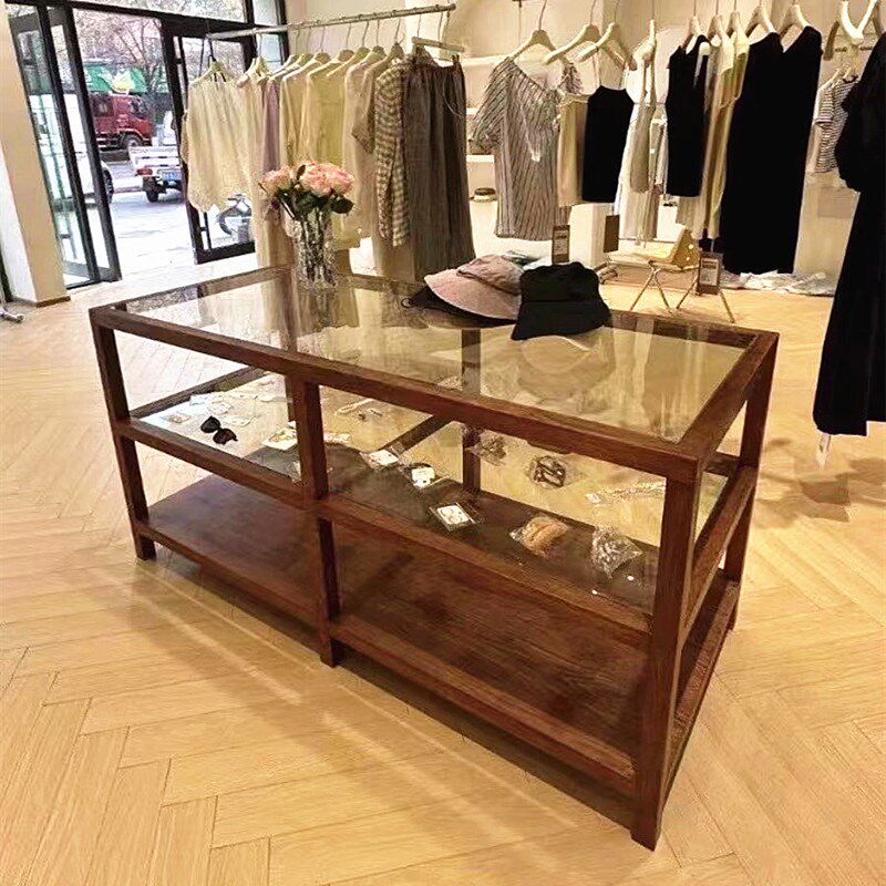 服装店中岛桌台流水台女装店复古玻璃陈列柜鞋包样板展示柜置物架