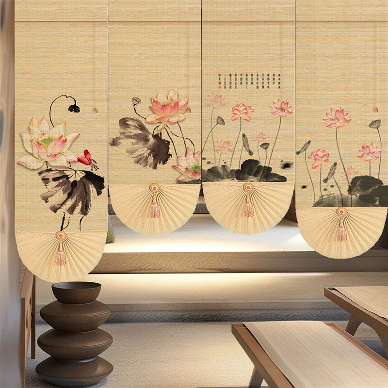 中式扇形罗马帘折叠竹帘升降卷帘客厅茶室装饰隔断帘遮光挂帘定制