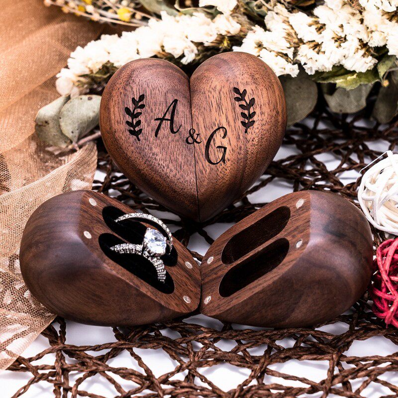 定制刻字名字戒指盒首饰盒心形木盒双戒戒指盒复古求婚婚礼戒指盒