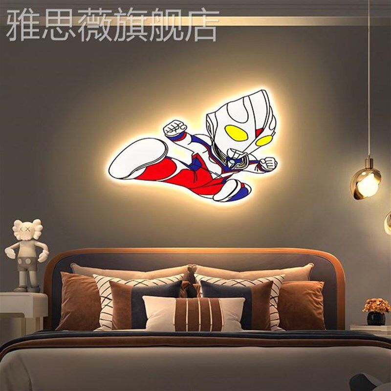 网红奥特卧男室装饰画孩儿童房间床头氛围曼感壁灯画卡通人物发光