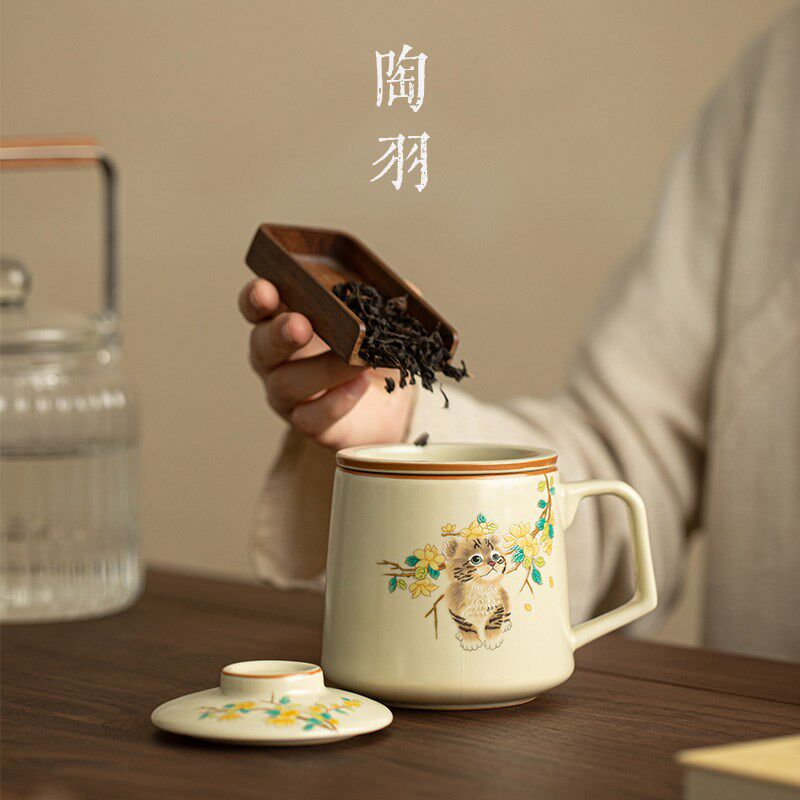 汝窑猫咪陶瓷茶具泡茶杯个人专用茶水分离办公室带盖过滤马克杯子