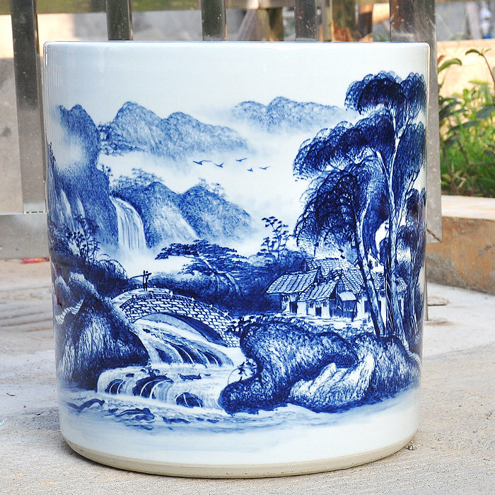 景德镇陶瓷手绘青花瓷书画缸卷轴缸箭筒新中式超大摆设桶画缸字画