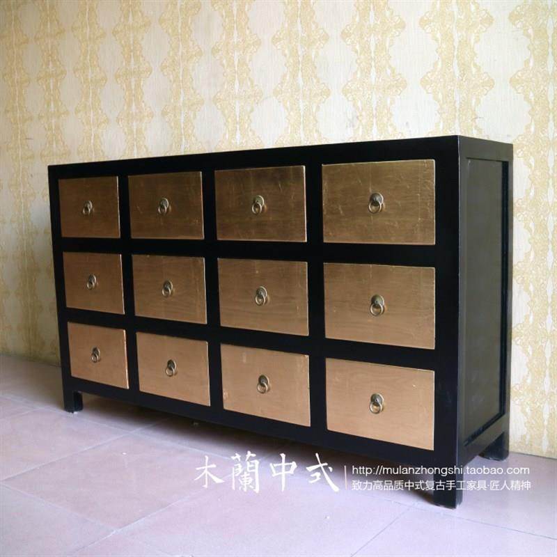 新中式家具古典餐边柜玄关柜实木斗柜金箔柜仿古简约酒水柜榫卯