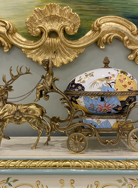 茱莉安法式中国风摆件欧式蓝色小鹿拉车盒子桌面装饰盖坛花瓶果盘