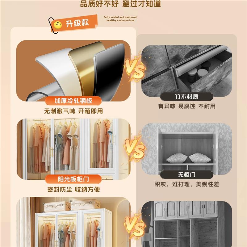 钢制衣柜卧室家用出租房宝宝衣橱儿童简易衣架金属铁艺收纳柜子