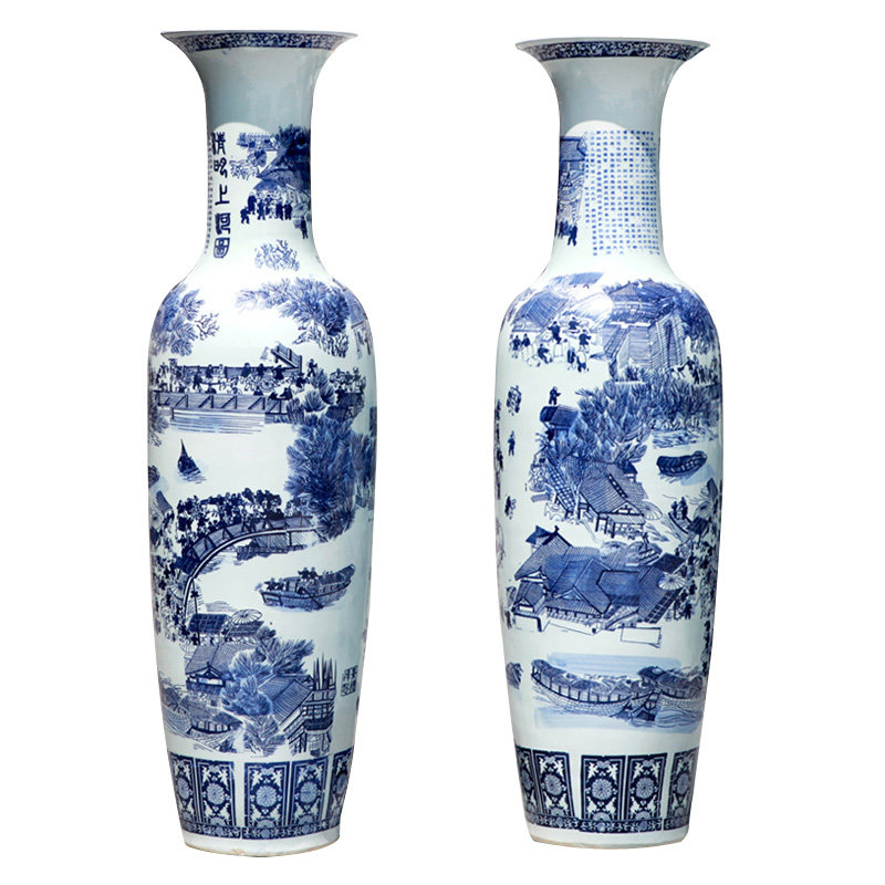 景德镇青花瓷陶瓷器落地大瓶子创意清明上河图客厅插花装饰品摆件