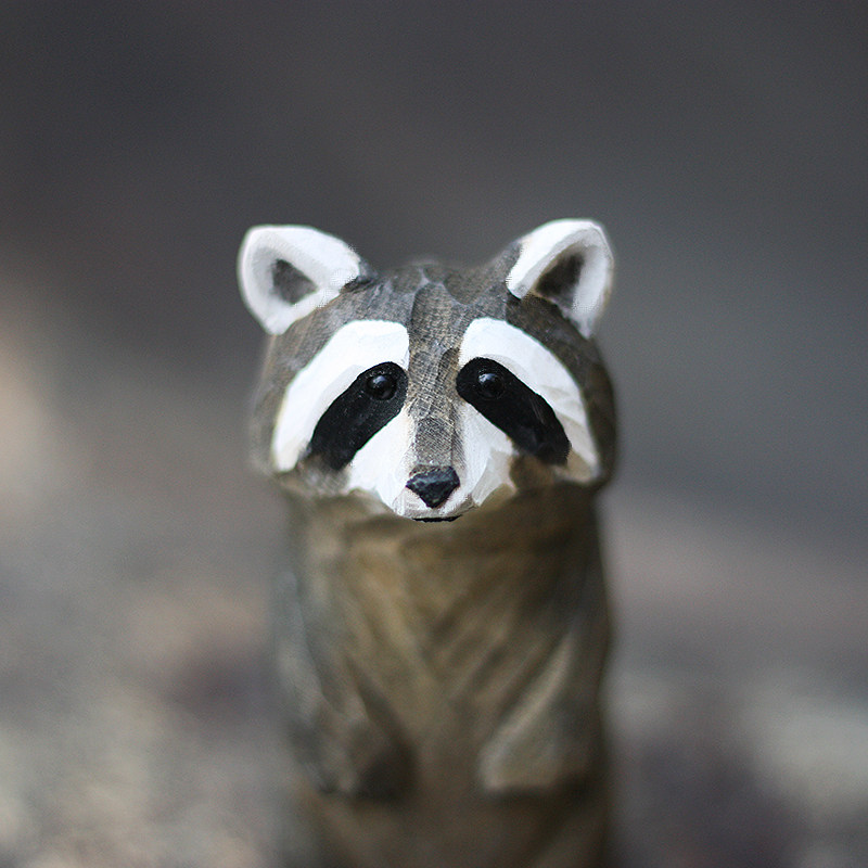 鹿妖商店 小浣熊 纯手工木雕摆件 实木动物木雕 家居饰品创意摆件