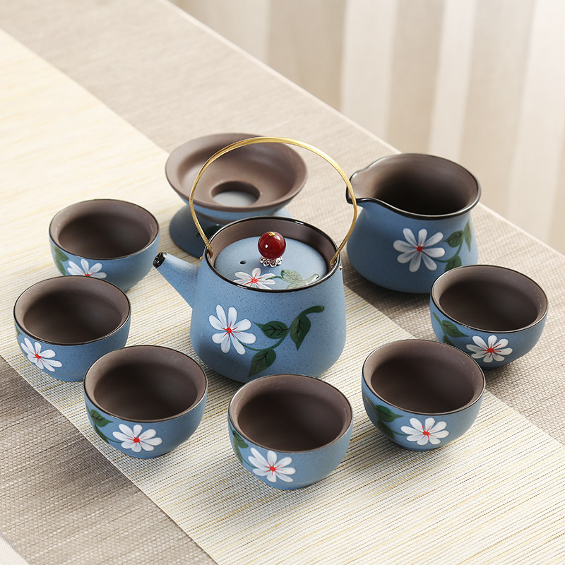 手绘功夫茶具套装陶瓷家用简约整套茶壶茶组紫砂现代茶杯客厅茶盘