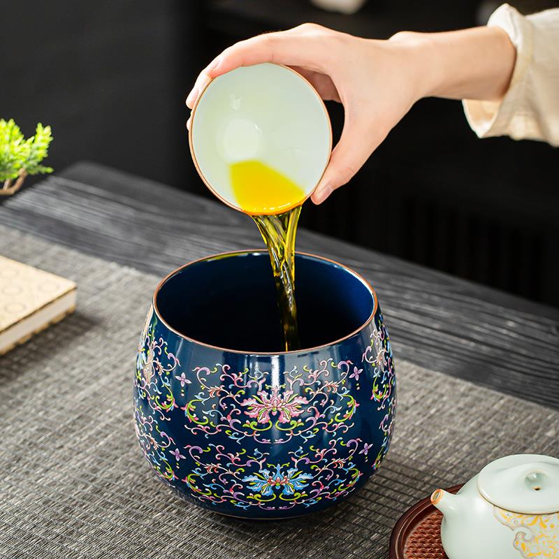 珐琅彩茶渣缸茶水废水缸茶台垃圾缸陶瓷家用高档缠枝莲茶洗缸杯洗