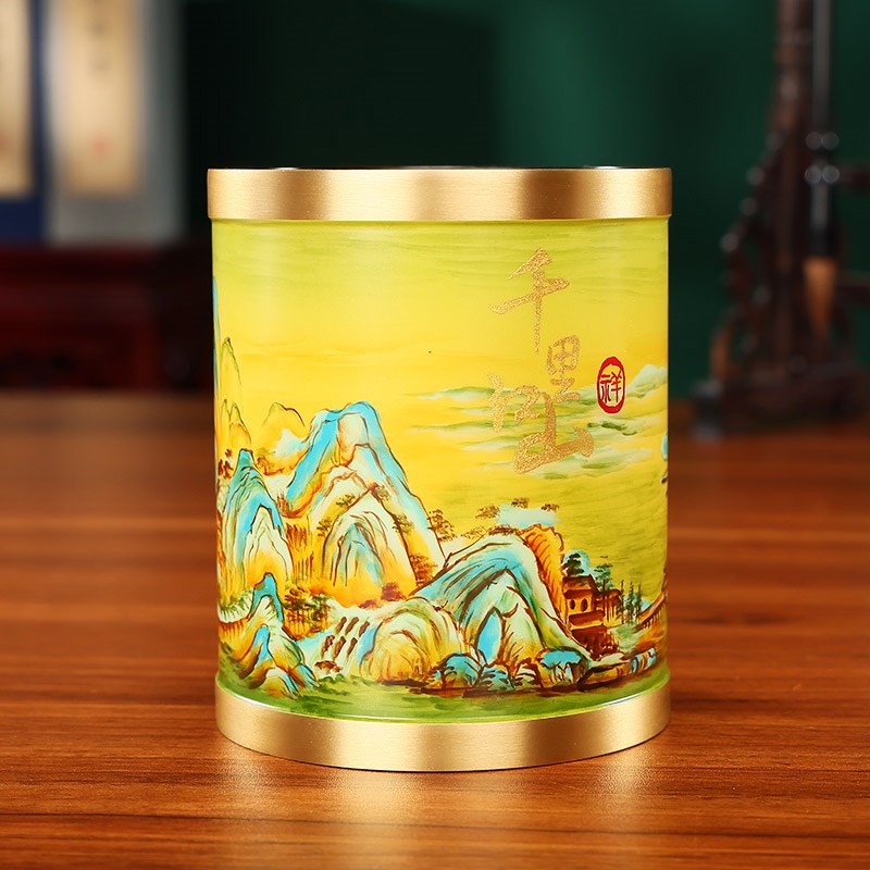 黄铜笔筒摆件中国风山水画 画办公室桌面装饰品创意教师节礼品