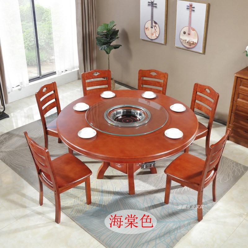 火锅店桌子带电磁炉下沉式一体商用饭店家用6/10人实木圆形餐桌椅图片