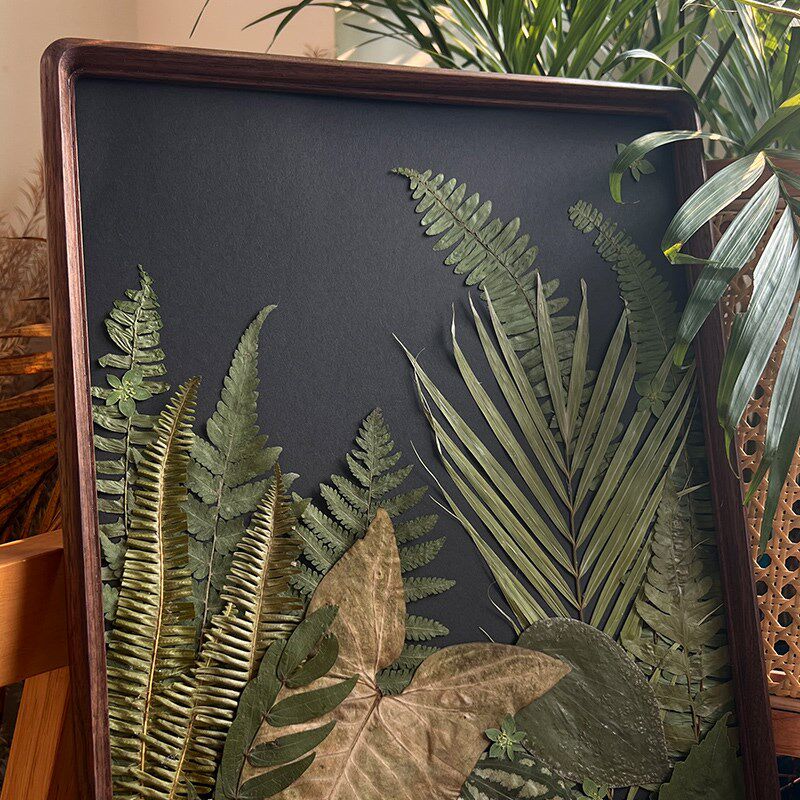 复古植物标本装饰画花卉小清新复古胡桃木押花相框ins黑底压花画