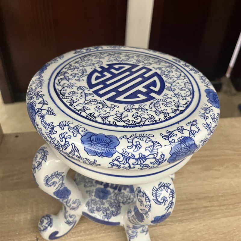 青花瓷仿古典四脚古凳子客厅落地桌面摆件手绘拼接景德镇花盆底座