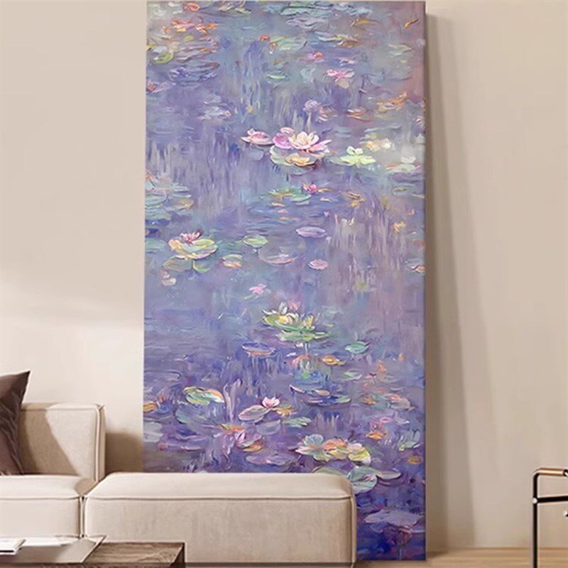 纯手绘油画新中式荷花玄关装饰画客厅抽象莫奈睡莲肌理画紫色挂画