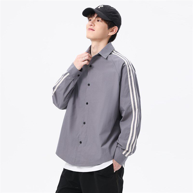 美式撞色条纹翻领纯棉休闲内搭衬衫男春夏季薄款宽松情侣百搭外套