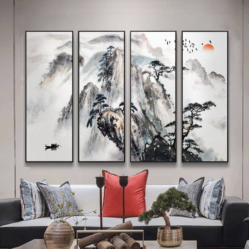 新中式客厅装饰画四联山水画茶室书房沙发背景墙办公流水生财挂画