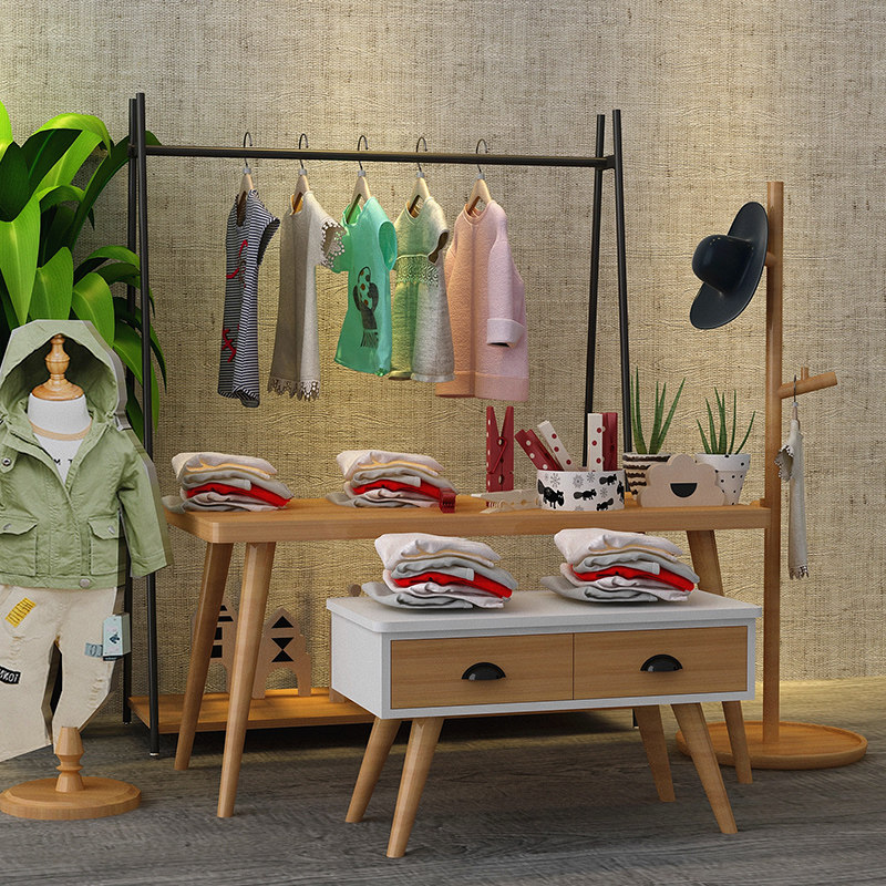 创意童装店货架落地式流水台展示台中岛挂衣服架展示架衣帽架组合