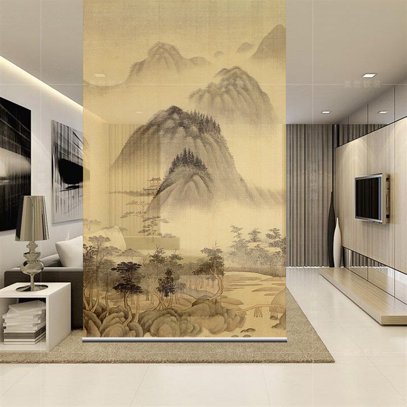 新中式挂式屏风隔断玄关帘软隔断时尚客厅玄关挂屏卷帘【山水5】