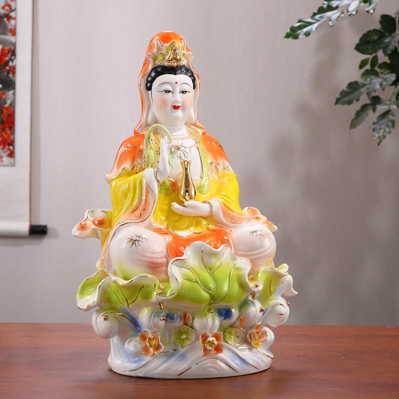 陶瓷满彩坐莲叶观音佛像坐莲南海观世音菩萨像客厅家用供奉佛摆件