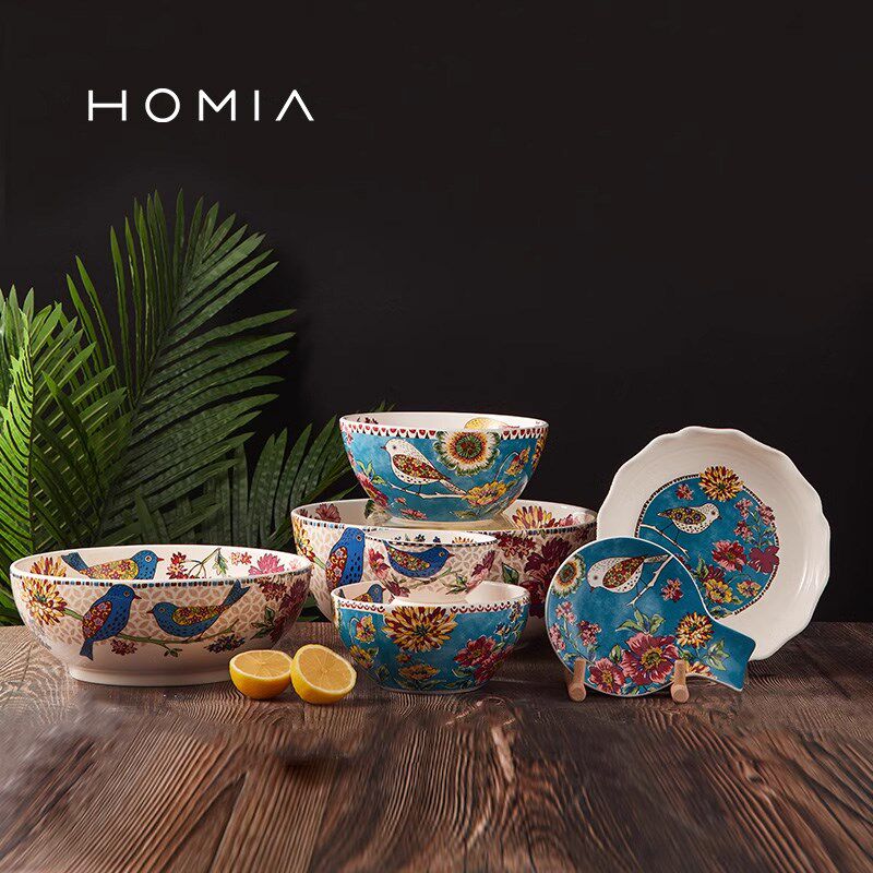 HOMIA蓝鸟花出口釉下彩陶瓷餐具套装家用吃饭面碗大汤碗盘子碗碟