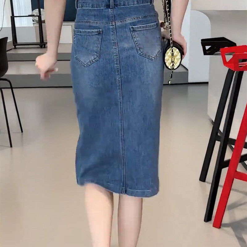 高腰牛仔显瘦半身裙女A字百搭休闲薄款中长裙夏季新款开叉中裙女