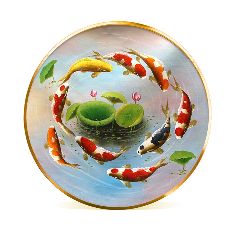 九鱼图油画餐厅挂画入户招财客厅风景玄关装饰画圆形荷花鲤鱼手工