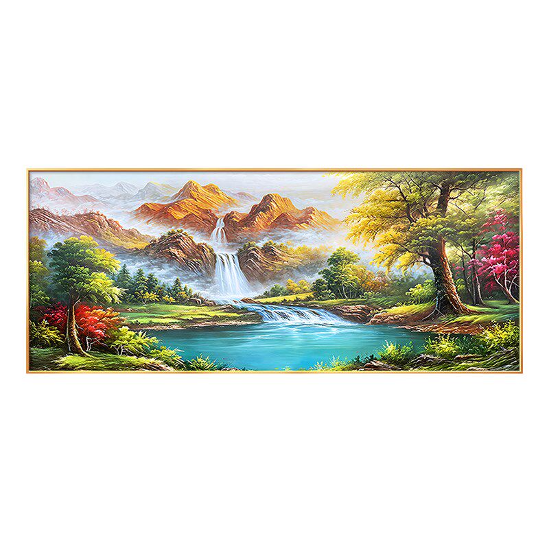 流水生财山水风景手绘油画客厅挂画聚宝盆沙发背景墙装饰画高级感
