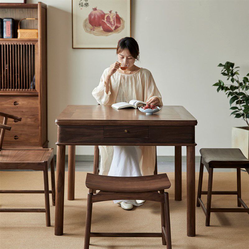 叙木新中式方桌黑胡桃木实木八仙桌餐桌椅组合带抽棋牌桌茶桌