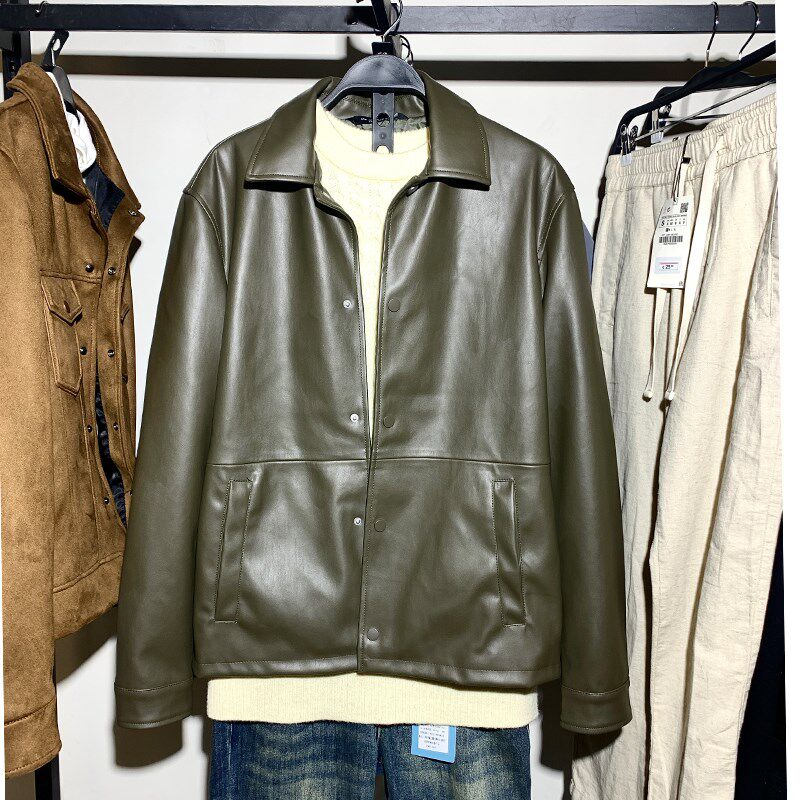柜429!春季新品男装仿皮革效果夹克ZA8281345 800男宽松皮衣外套