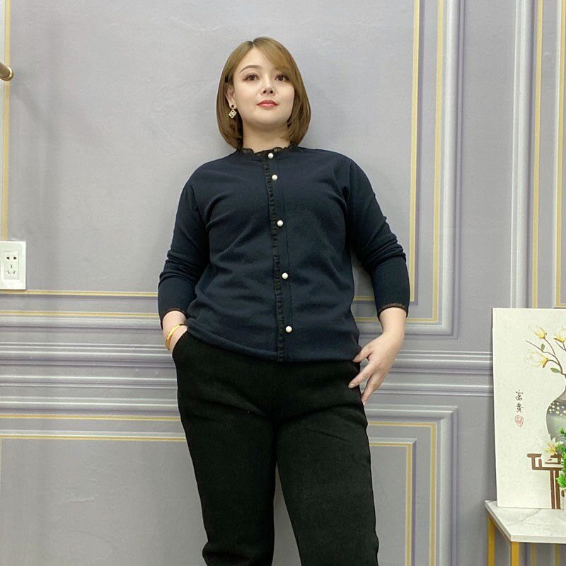 大码女装胖妹妹200斤花边领针织衫2023秋冬新款显瘦钉珠套头毛衣