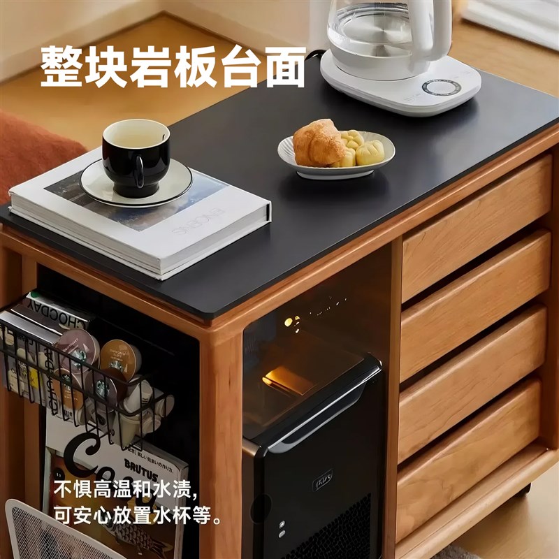 本木家具实木茶水柜日式小推车樱桃木沙发边柜可移动岩板茶台边柜