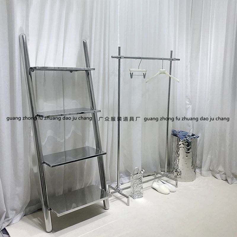 服装店展示架不锈钢层板架鞋包陈列架置物架靠墙落地架梯子流水架