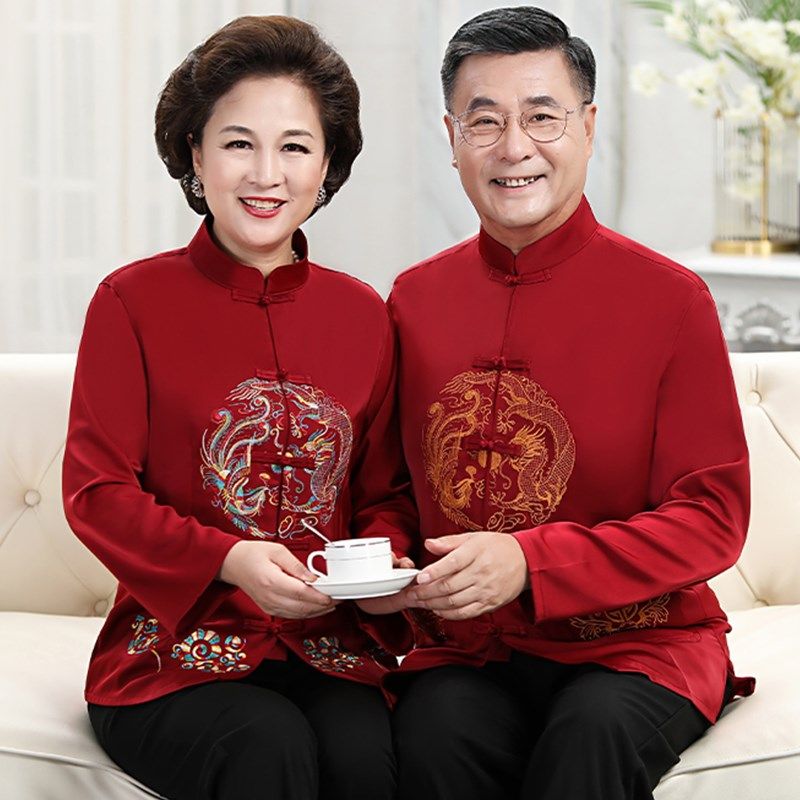唐装男中老年夏季爷爷奶奶情侣装老人生日过寿爸爸短袖套装婚礼服