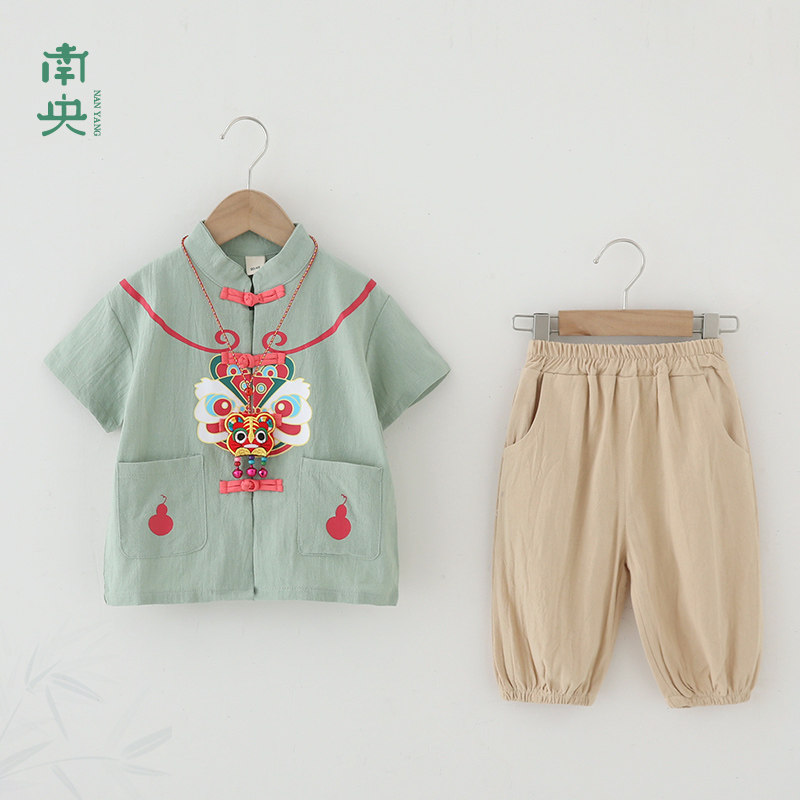 宝宝周岁礼服男童汉服夏装儿童唐装抓周服装夏季薄款短袖国风套装