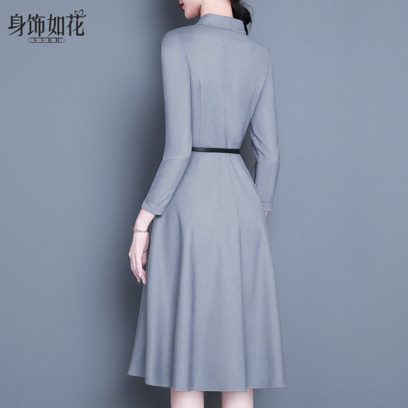 西装连衣裙2025春秋新款气质淑女名媛A字裙中长款灰色长袖大摆裙
