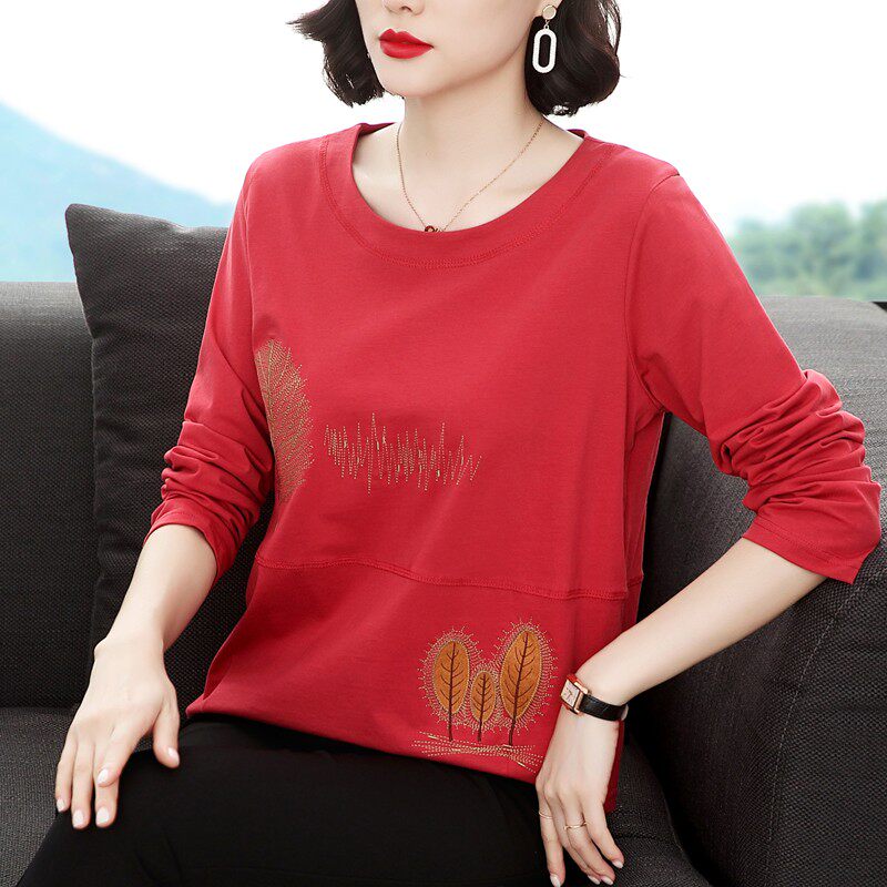 妈妈纯棉t恤长袖女上衣初秋装2021新款中年薄款打底衫绣花秋衣潮