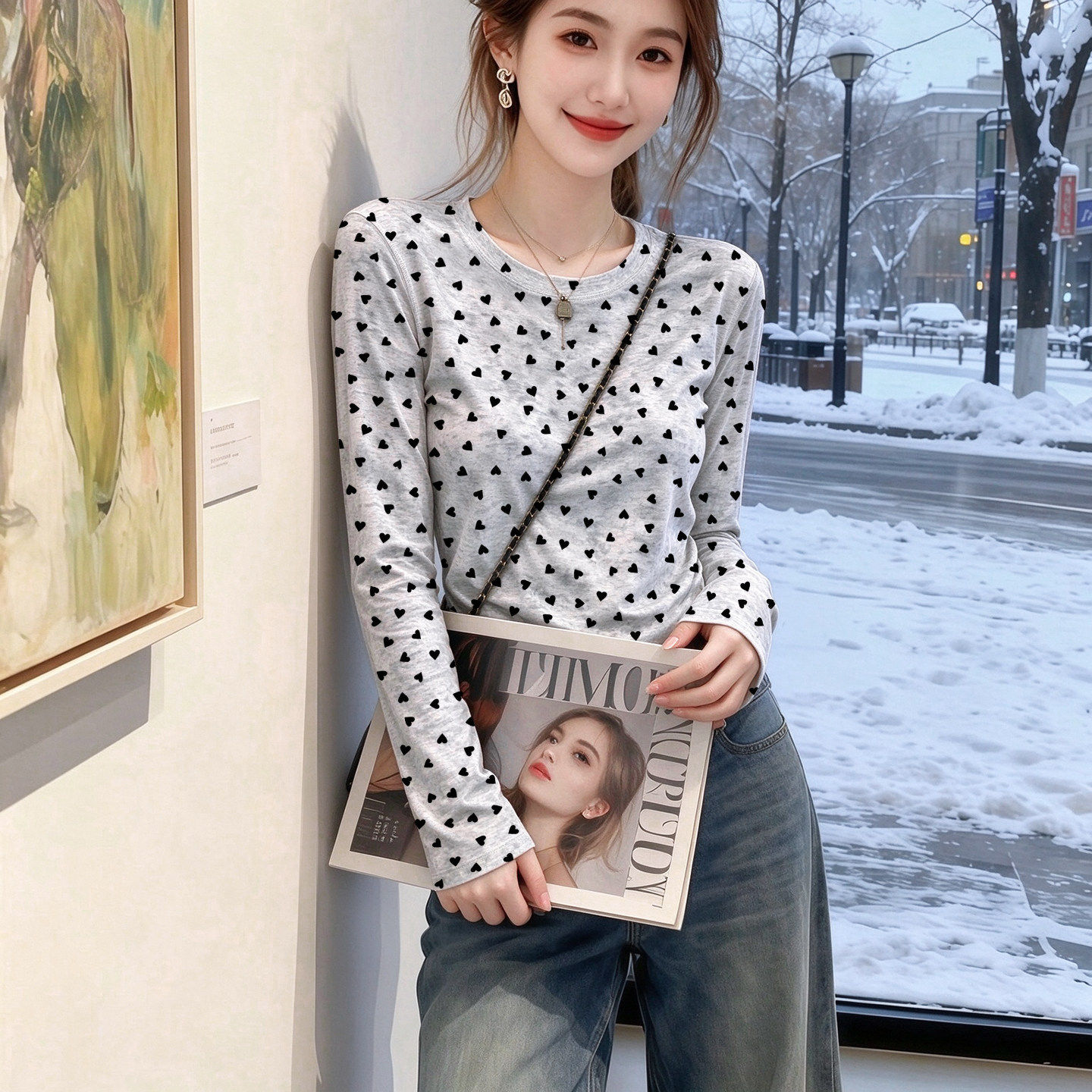 秋季新款爱心长袖T恤女显瘦