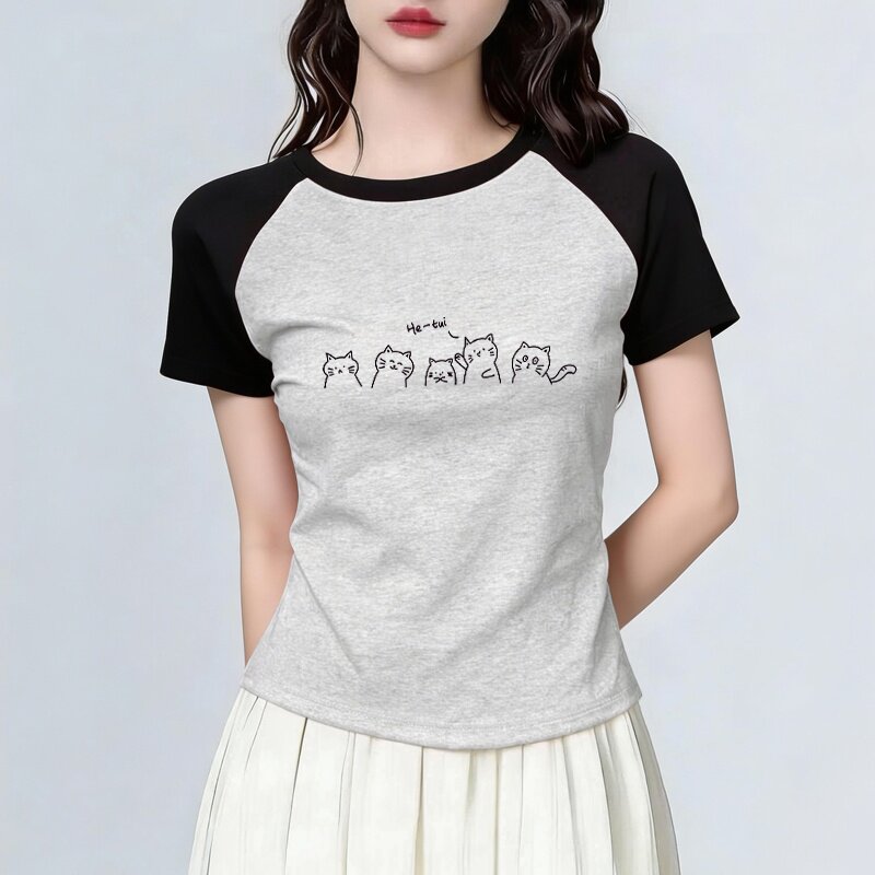 棉质灰色圆领插肩短袖T恤女夏季设计感清新卡通印花显瘦上衣潮流