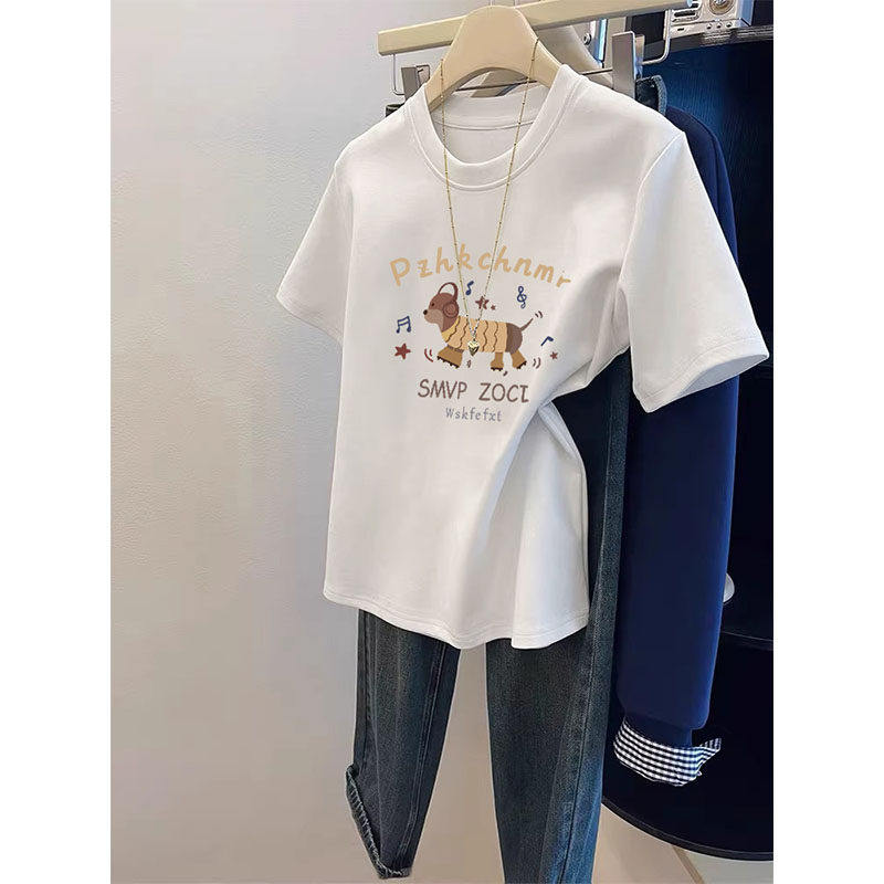 白色正肩短袖t恤女夏季2026新款圆领甜辣妹韩系减龄印花短款上衣