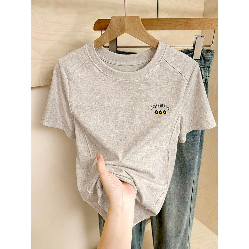 纯棉正肩短袖t恤女夏季别致圆领弧形下摆修身显瘦纯欲鱼骨上衣潮