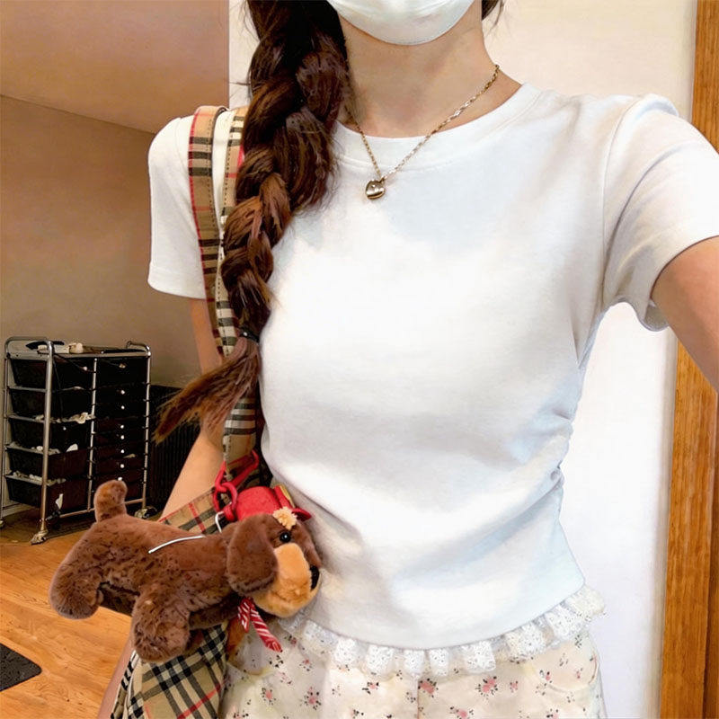 2026新款设计感小众蕾丝拼接短袖T恤女夏季正肩修身显瘦打底上衣