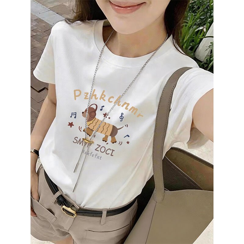 2026年新款正肩圆领短袖t恤女夏季宽松显瘦白色棉质高腰短款上衣