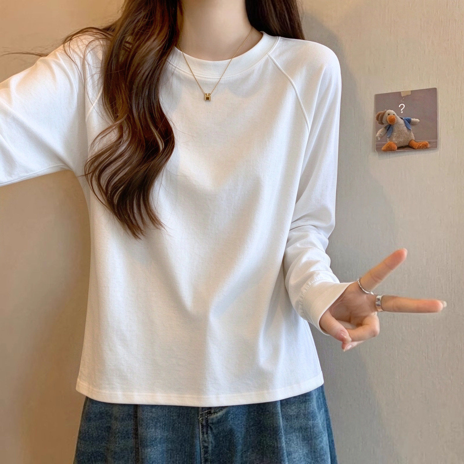 德绒加厚秋冬宽松白色长袖T恤女