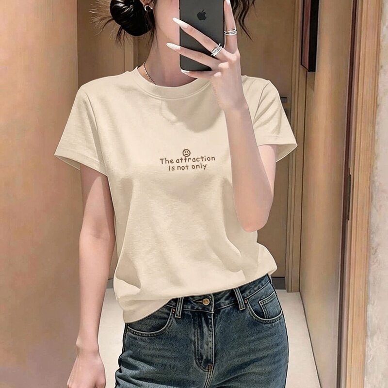 夏季奶油色正肩纯棉短袖t恤女