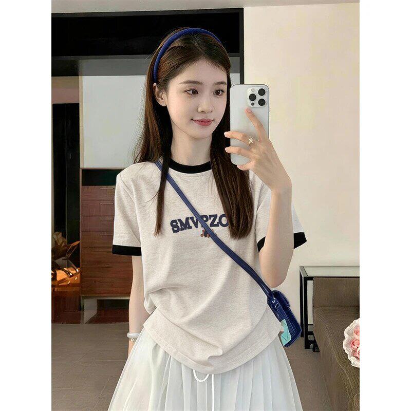 夏季爆款正肩纯棉撞色字母短袖T恤女时尚百搭减龄显瘦杏灰色上衣